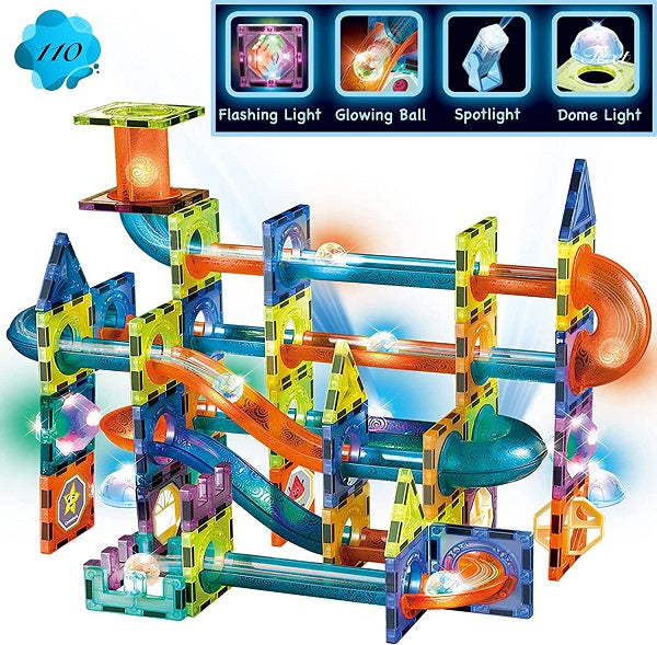 Glowing Magnetic Tiles Marble Run Race Track Super Set - 111